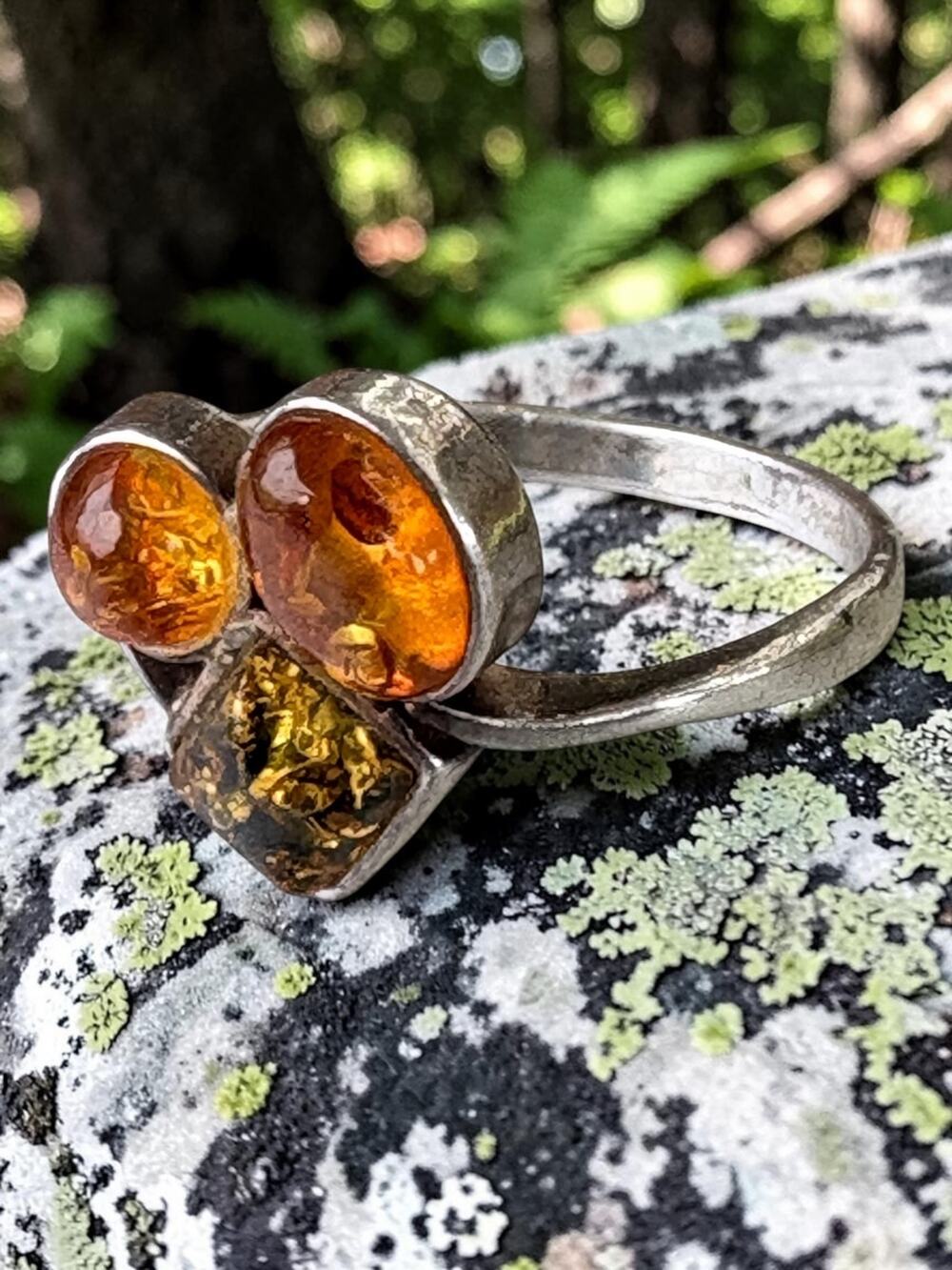 Vintage Sterling Silver Amber Cabochon Sculptural Open Wrap Ring Asymmetric Doub